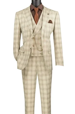 Khaki Modern Fit Windowpane Peak Lapel 3 Piece Suit