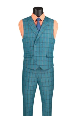 Lazio Collection - Modern Fit Windowpane Suit 3 Piece in Teal Blue