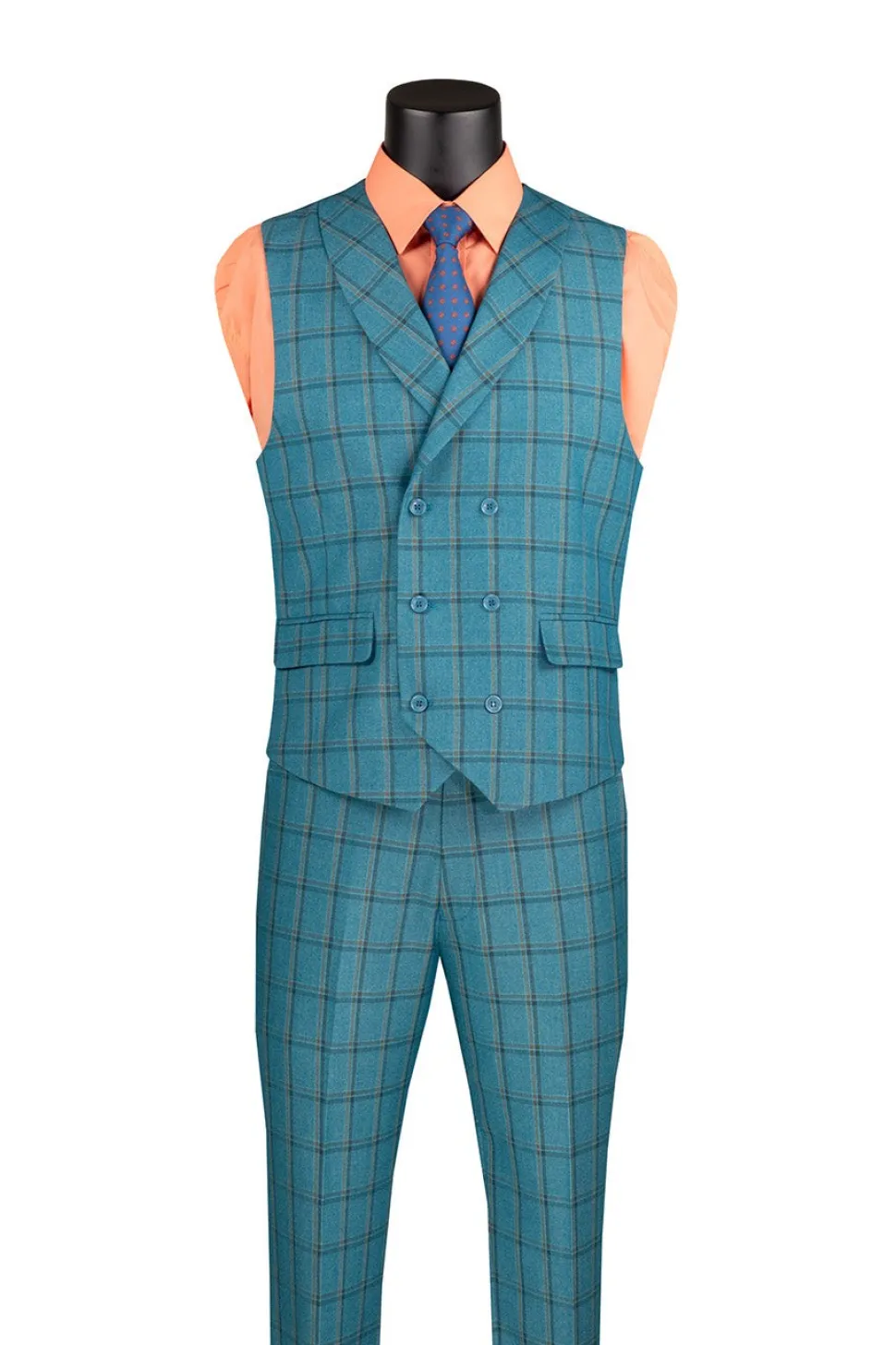 Lazio Collection - Modern Fit Windowpane Suit 3 Piece in Teal Blue