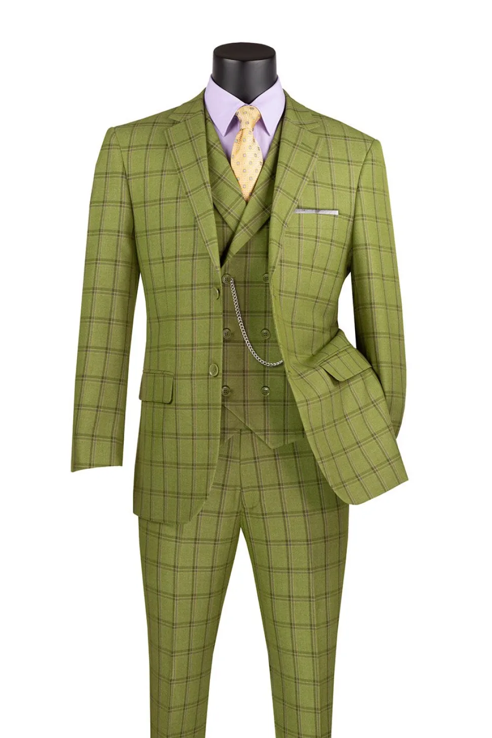 Lazio Collection - Modern Fit Windowpane Suit 3 Piece in Moss Green with Adjustable Waistband Pants