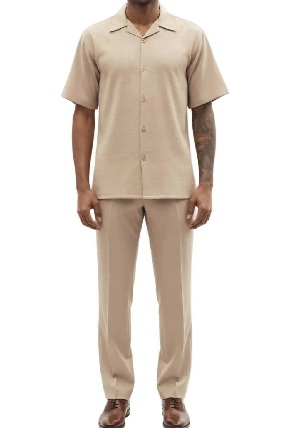 (L) Beige Tone on Tone Detailed Design Walking Suit 2 Piece Short Sleeve Set