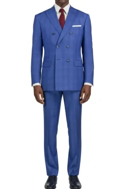 (48L) Blue Double Breasted 2 Piece Suit Regular Fit Glen Plaid