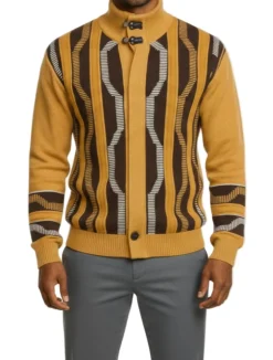 (L) Gold Geometric Design Full Zip Sweater