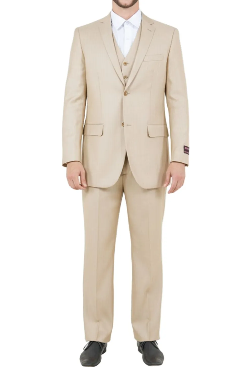 Light Beige 3 Piece Modern Fit Suit 2 Button V-Neck Vest