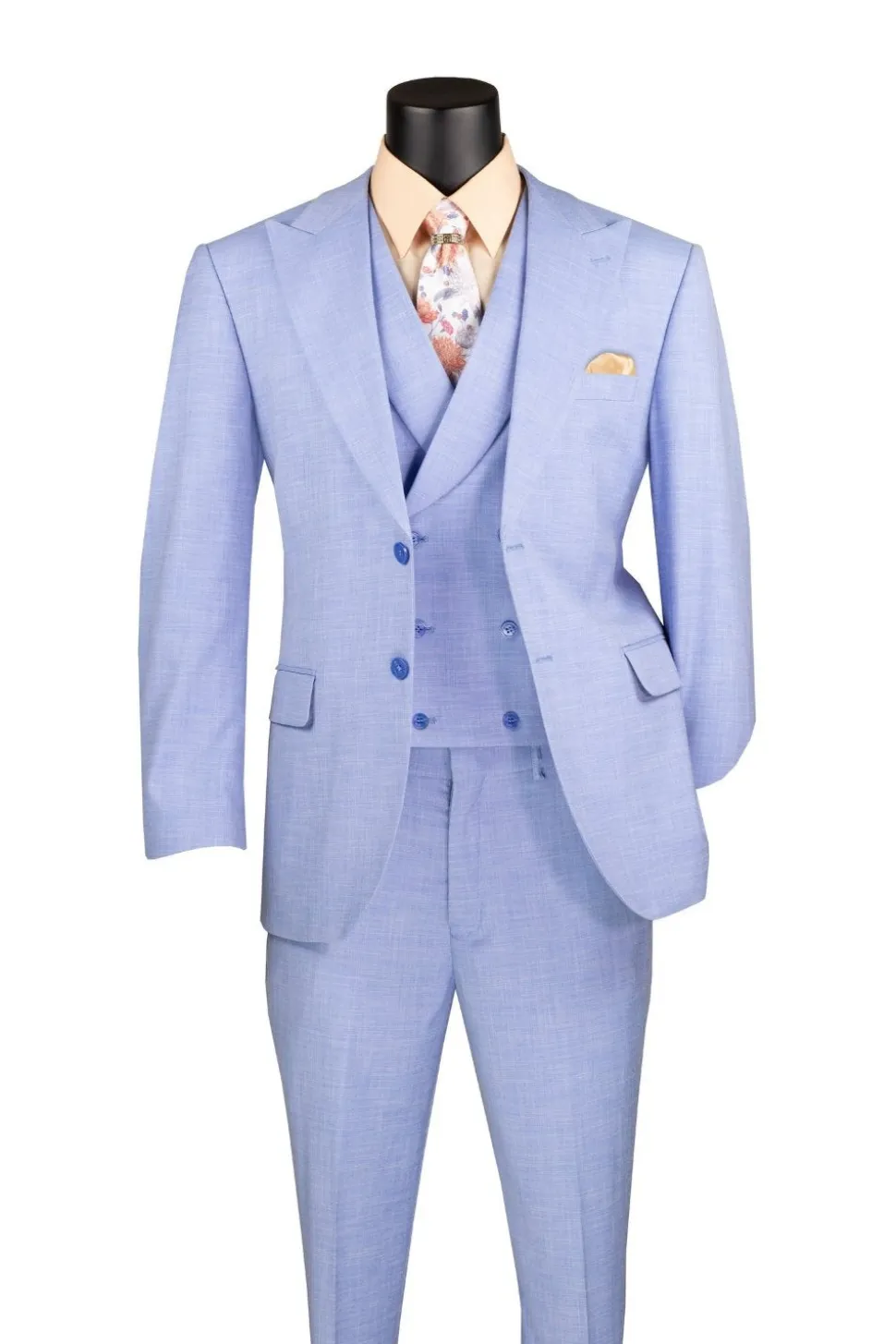 Light Blue Modern Fit 3 Piece Suit with Vest and Adjustable Waistband Pants
