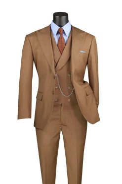 Light Brown Modern Fit 3 Piece Suit with Vest and Adjustable Waistband Pants
