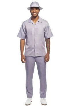 Lilac Geometric Jacquard Panel Short Sleeve Walking Suit