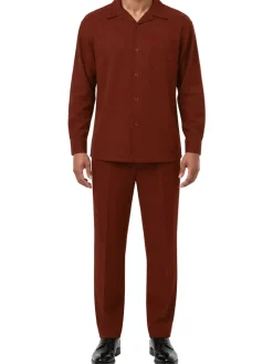 Long Sleeve Walking Suit 2 Piece Set with Flexible Waist Pants in Maroon