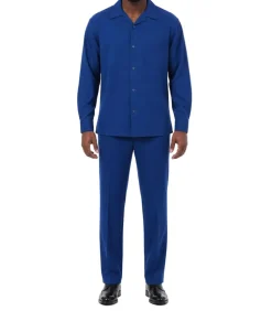Long Sleeve Walking Suit 2 Piece Set with Flexible Waist Pants in Sapphire