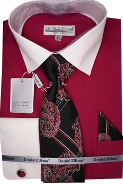 Magenta French Cuff Dress Shirt Set with Tie and Handkerchief