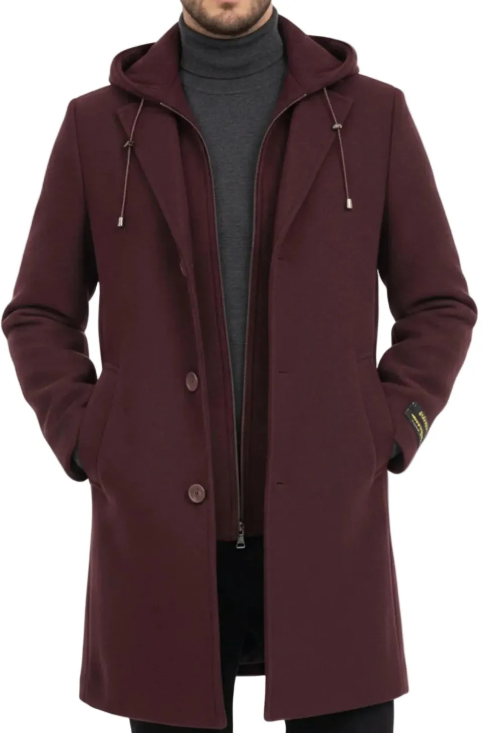 (M) Burgundy Wool Slim Fit Top Coat with Hoodie