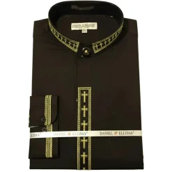 Men's Banded Collar Embroidered Convertible Cuff Shirt in Black/Gold