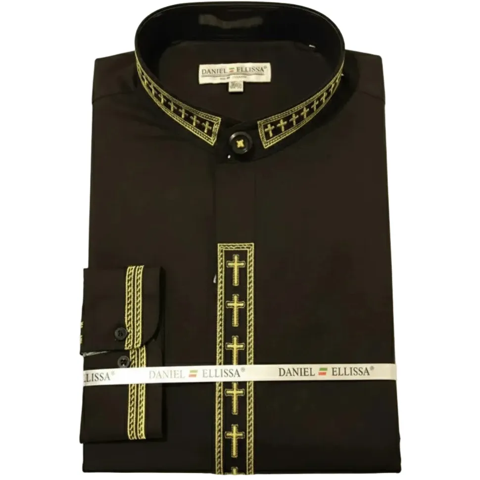 Men's Banded Collar Embroidered Convertible Cuff Shirt in Black/Gold