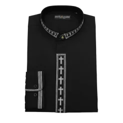 Men's Banded Collar Embroidered Convertible Cuff Shirt in Black/White