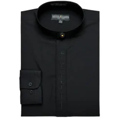 Men's Banded Collar Embroidered Convertible Cuff Shirt in Black/Black