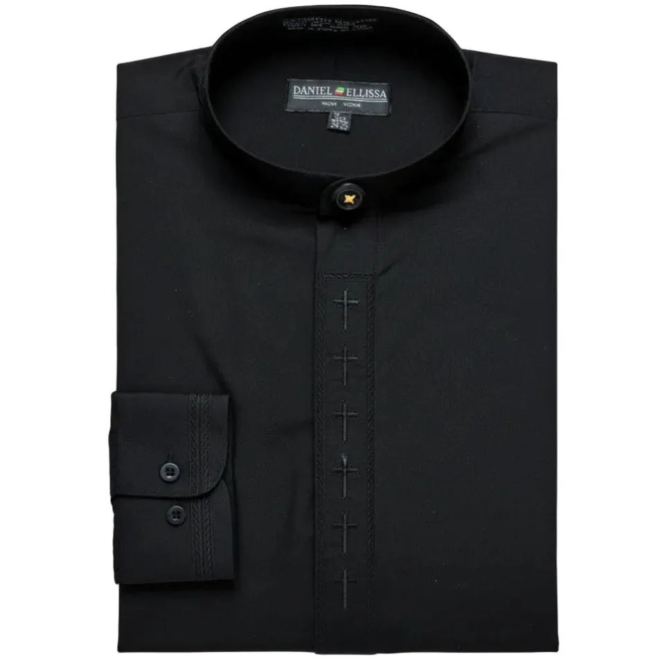 Men's Banded Collar Embroidered Convertible Cuff Shirt in Black/Black