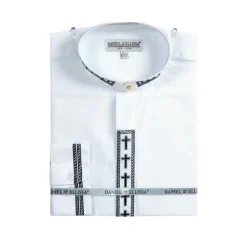 Men's Banded Collar Embroidered Convertible Cuff Shirt in White/Black