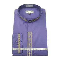 Men's Banded Collar Embroidered Convertible Cuff Shirt in Purple/Gold
