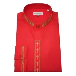 Men's Banded Collar Embroidered Convertible Cuff Shirt in Red/Gold