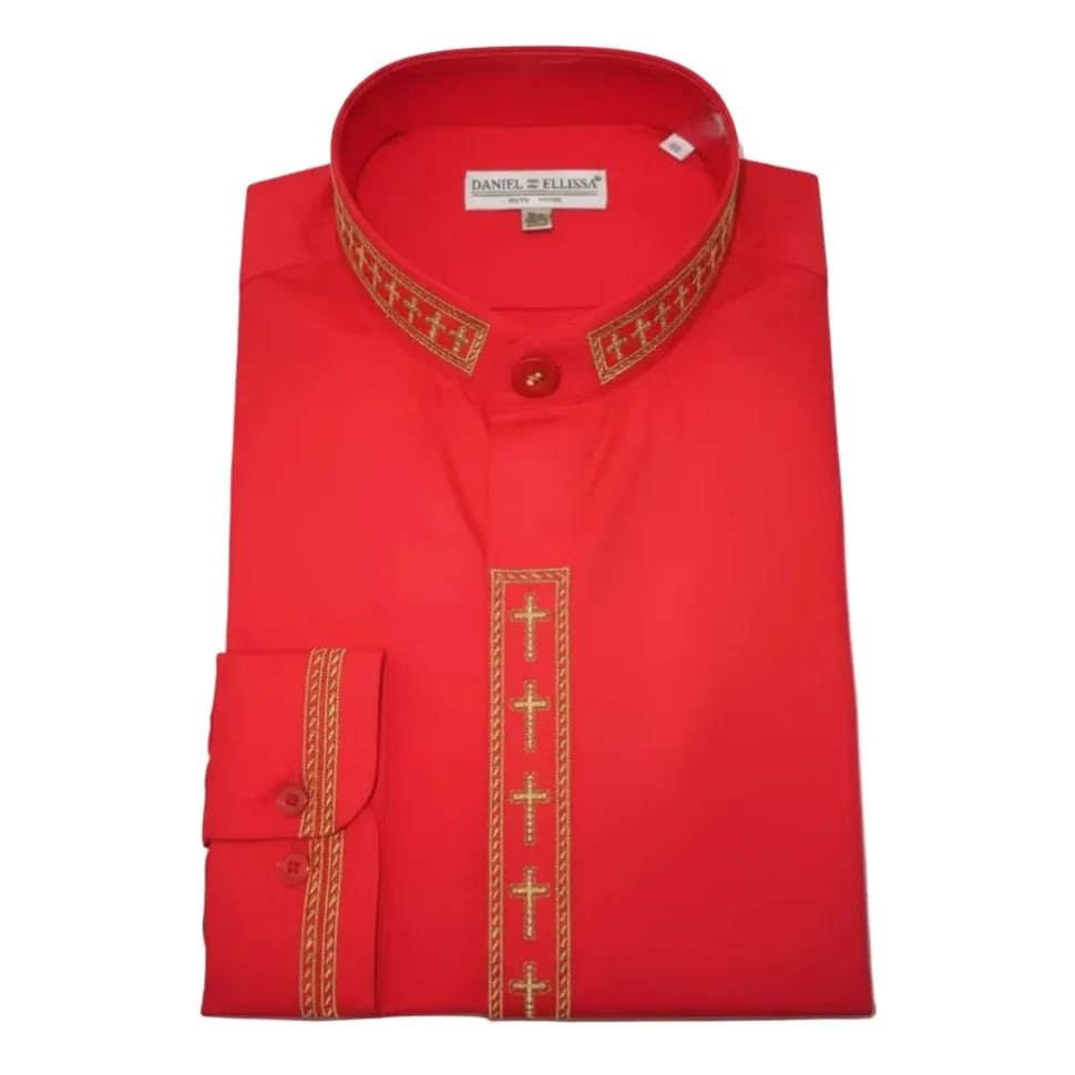 Men's Banded Collar Embroidered Convertible Cuff Shirt in Red/Gold