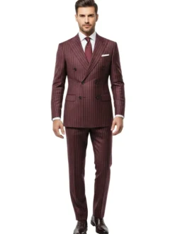 Men's Slim Fit Burgundy 2 Piece Double Breasted Pinstripe Suit