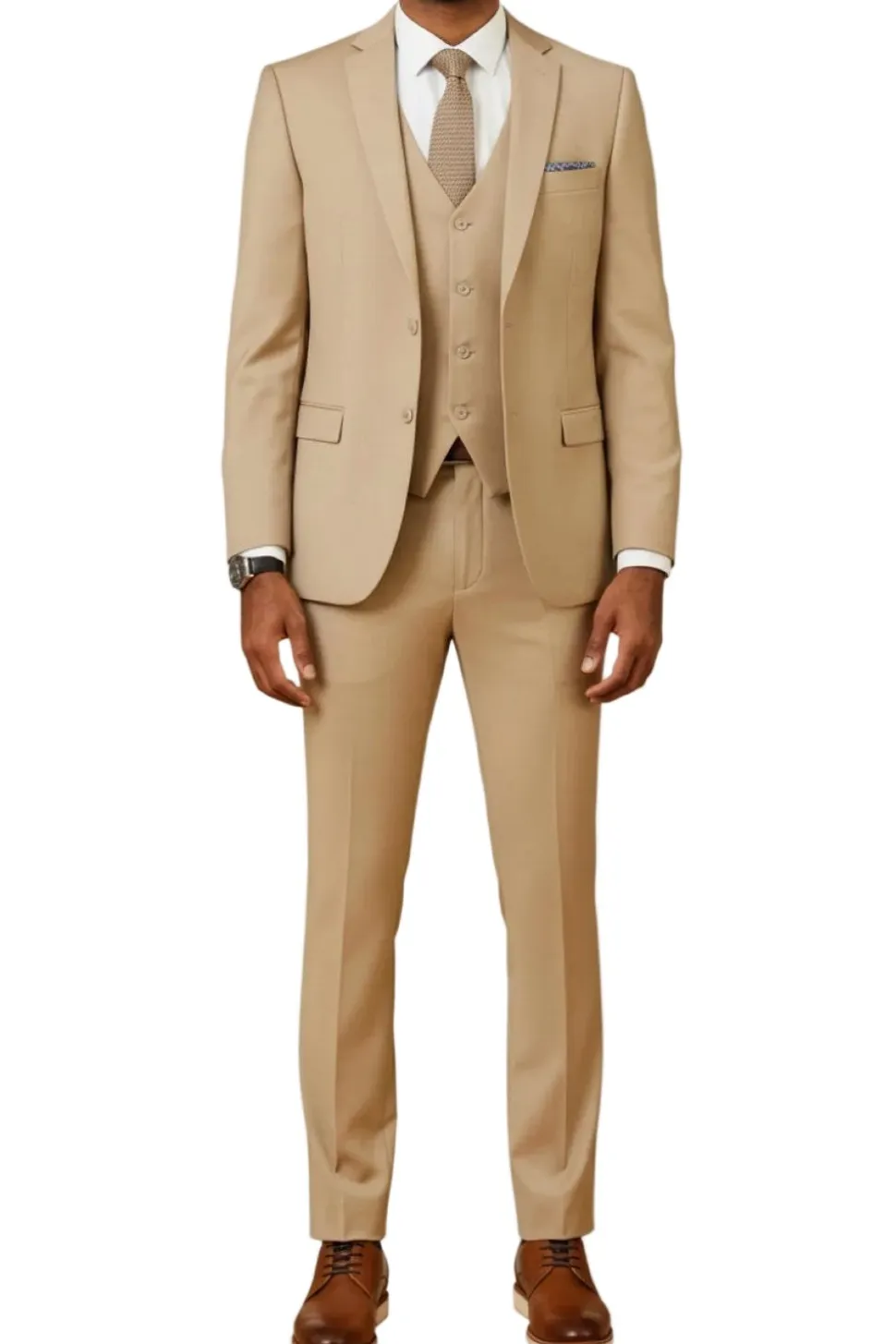 Men's Slim Fit Solid Tan 3 Piece Suit