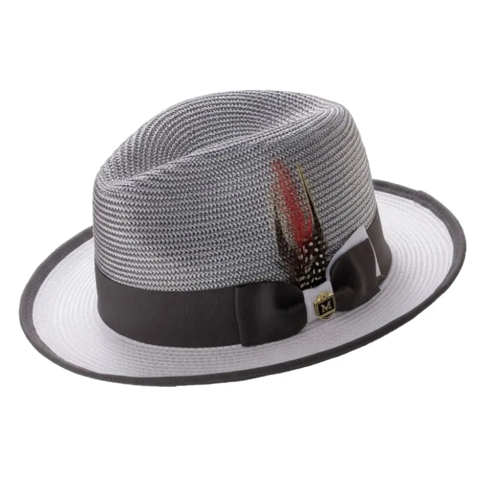 Men’s Two-Tone Braided Fedora Hat With Ribbon - Gray/White