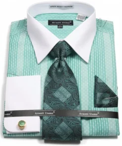 Mint Jacquard Stripe French Cuff Dress Shirt Set