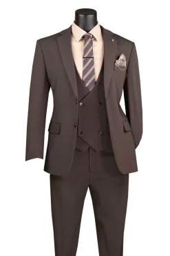 Modern Fit Brown 3 Piece Suit with Vest and Adjustable Waistband Pants