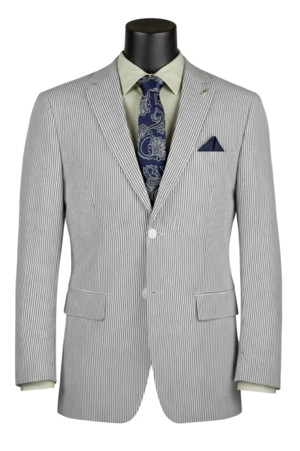 Modern Fit Summer 2 Piece 2 Button Suit Striped Seersucker in Dark Green