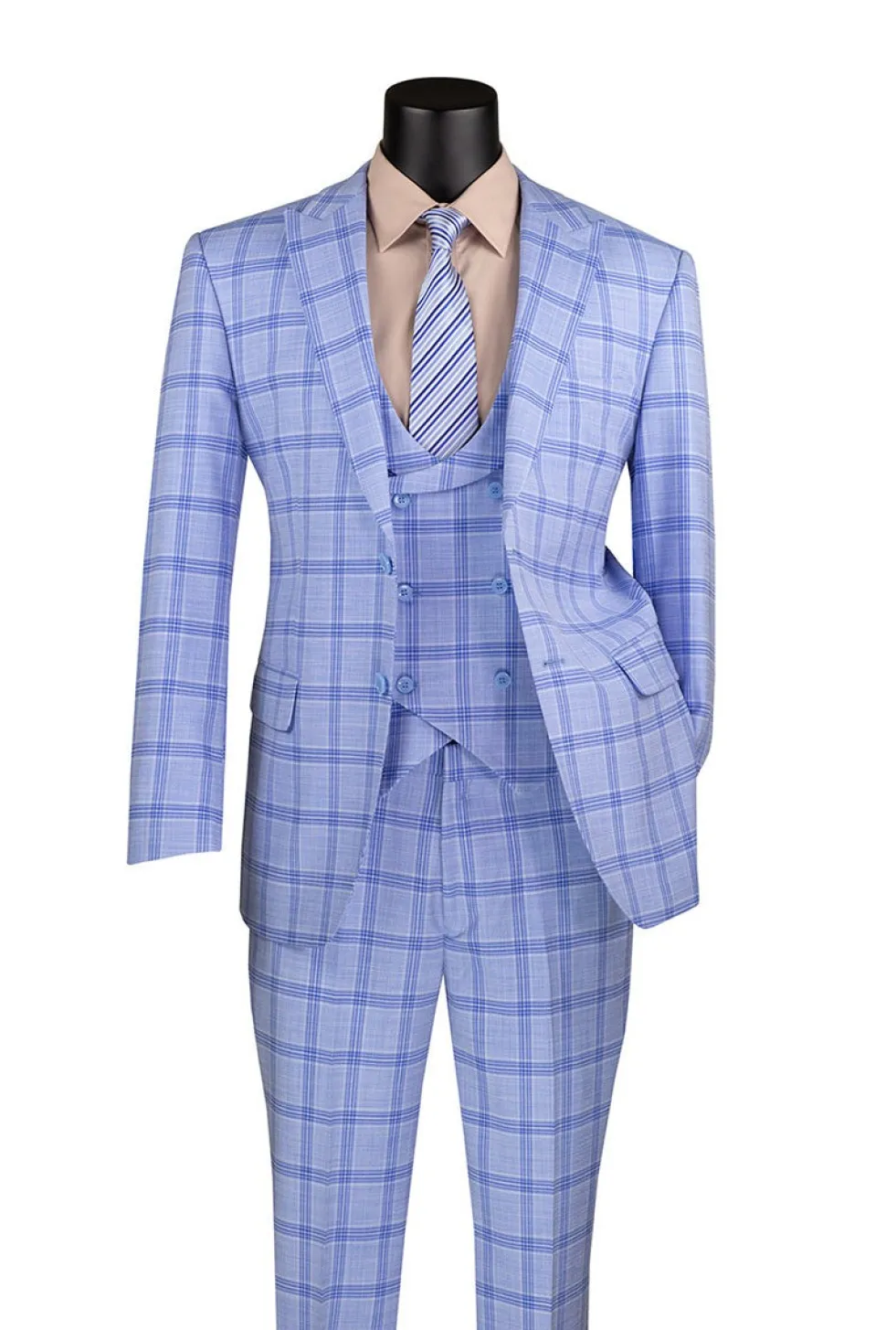 Modern Fit Windowpane Suit 3 Piece with U-Neck Vest in Light Blue