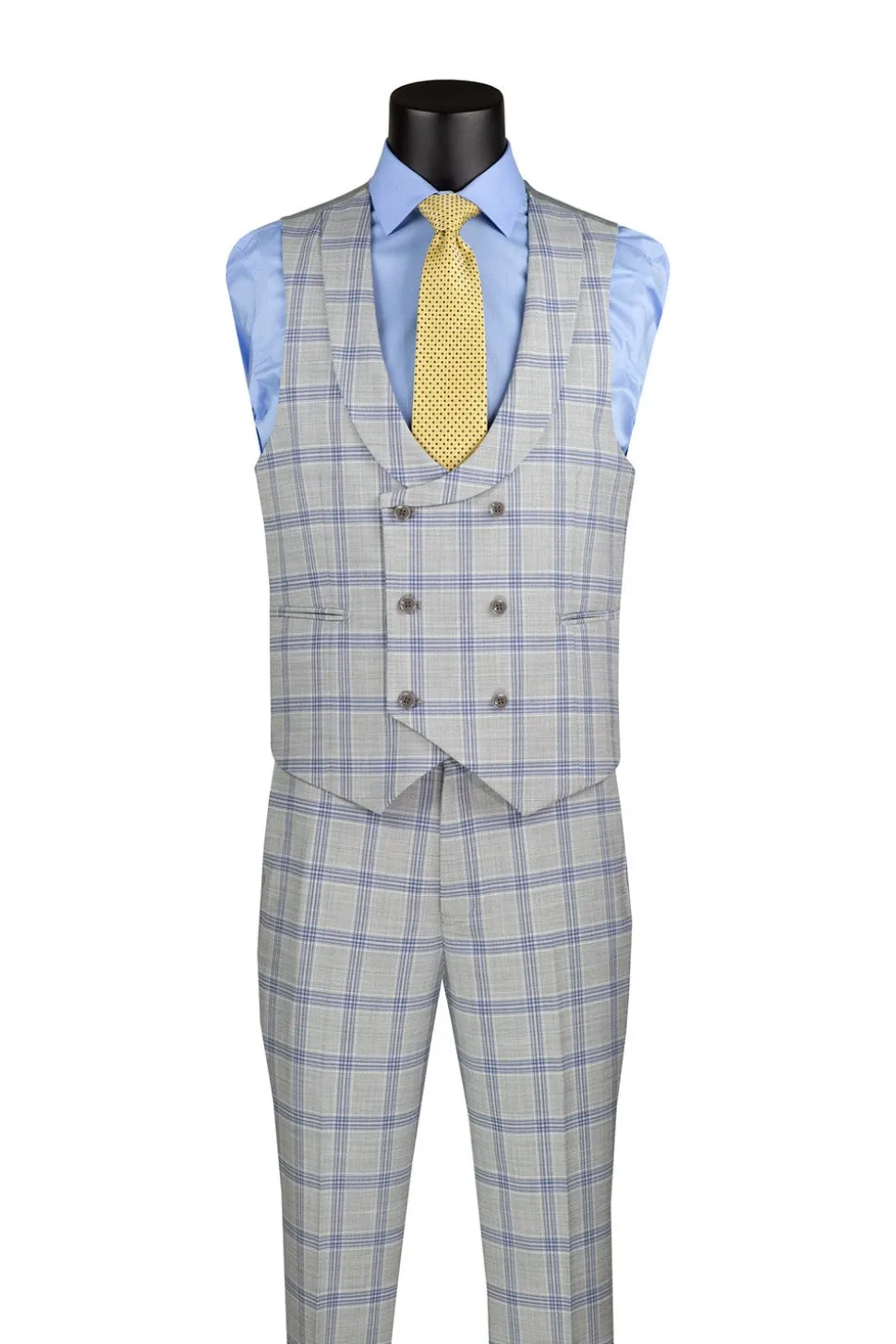 Modern Fit Windowpane Suit 3 Piece with U-Neck Vest in Light Gray