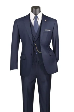 Navy Modern Fit 3 Piece Suit with Vest and Adjustable Waistband Pants