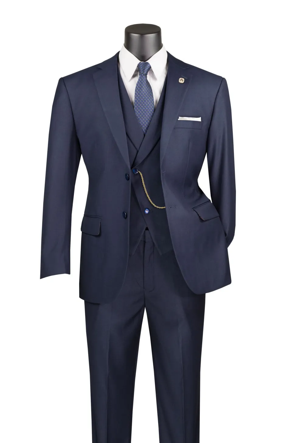 Navy Modern Fit 3 Piece Suit with Vest and Adjustable Waistband Pants