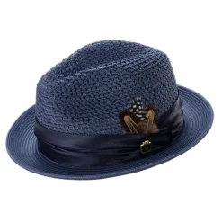 Navy Pinch Braided Fedora With Matching Satin Ribbon