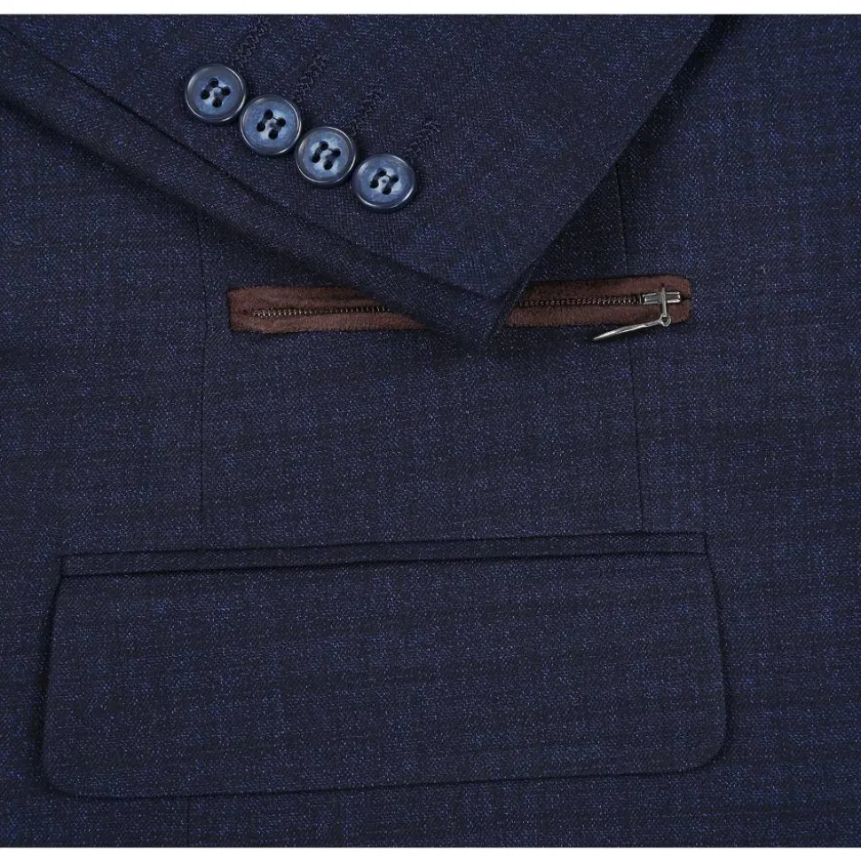 Navy Regular Fit 2 Button Mini Check Blazer with Bib