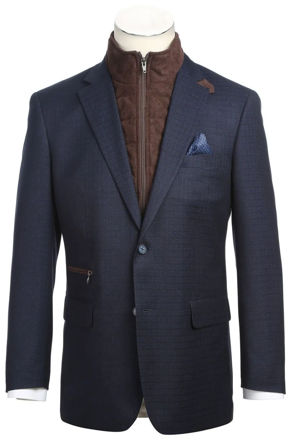 Navy Regular Fit 2 Button Mini Check Blazer with Bib
