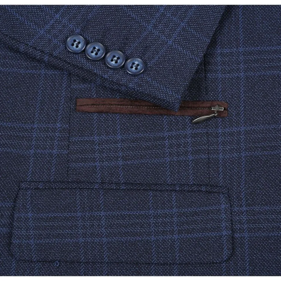 Navy Regular Fit 2 Button Plaid Blazer with Bib