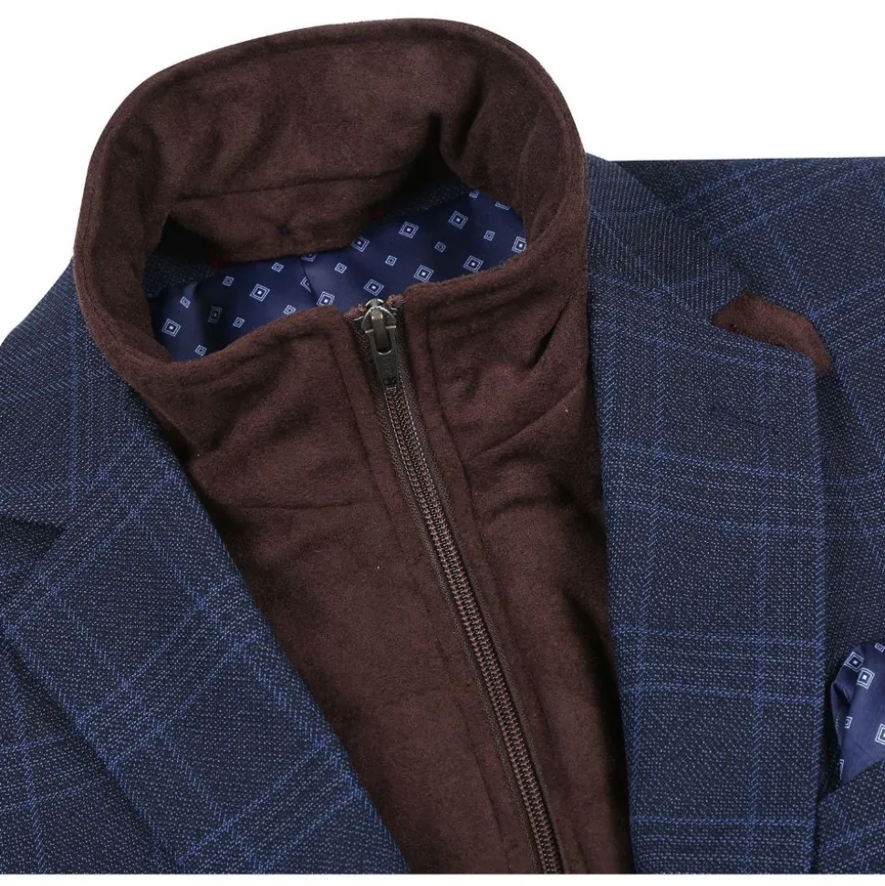 Navy Regular Fit 2 Button Plaid Blazer with Bib