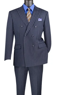 Navy Regular Fit 2 Piece Pinstripe Double Breasted Suit