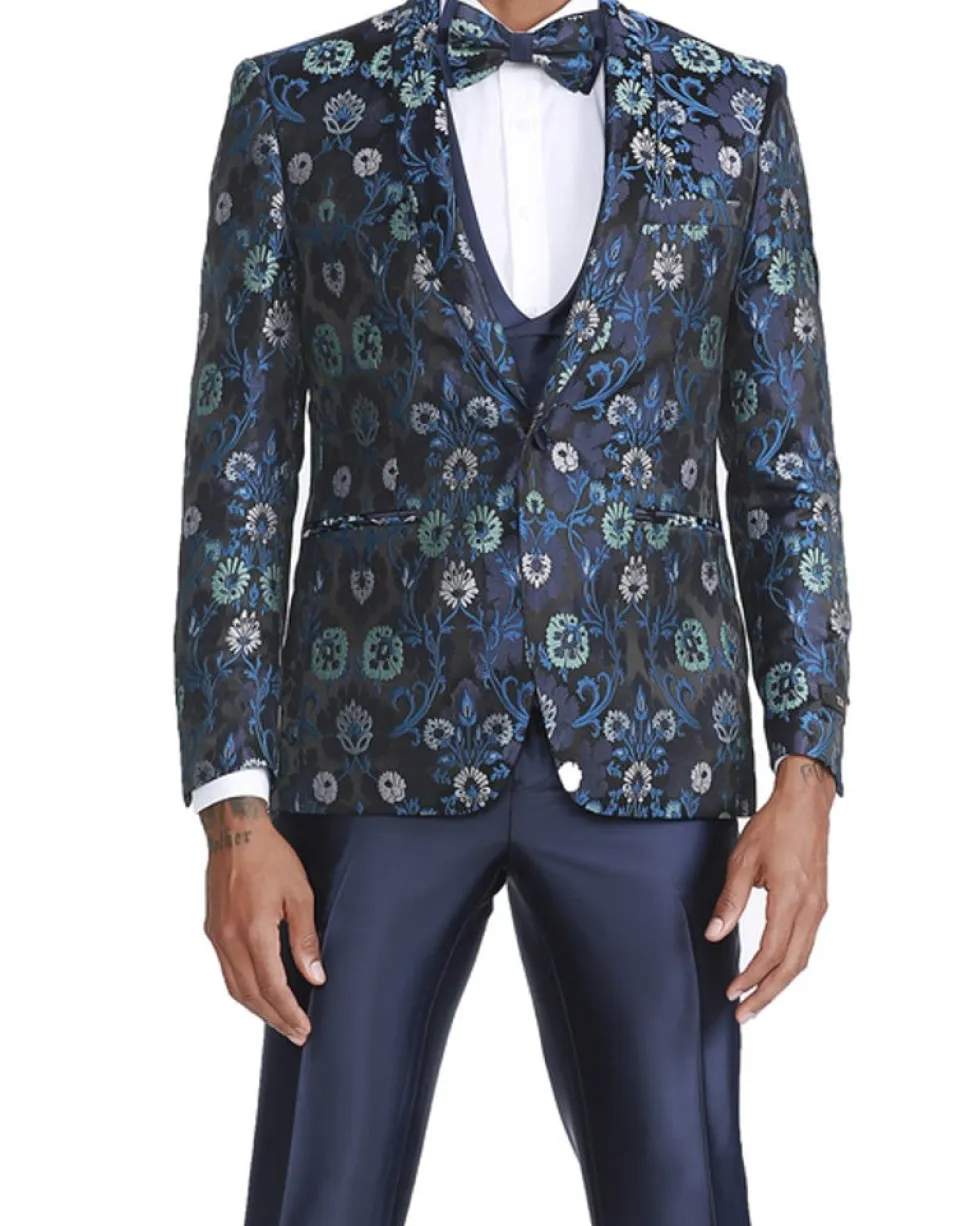 Navy Slim Fit Tuxedo 4 Piece Floral Pattern with Bow Tie