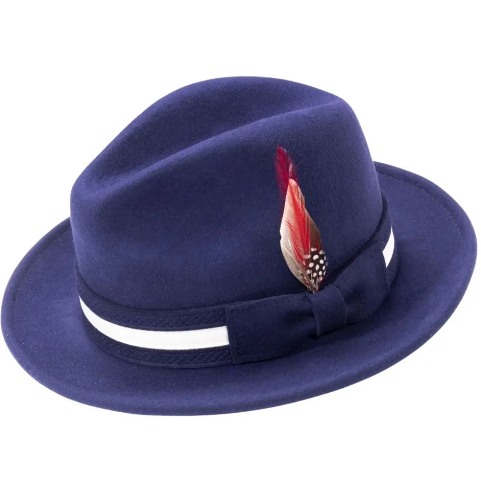 Navy Wool Felt Fedora with Band and Ribbon