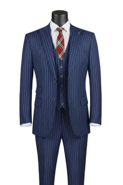 Odyssey Collection - Blue Regular Fit Bold Stripes 3-Piece Suit With Adjustable Waistband Pants