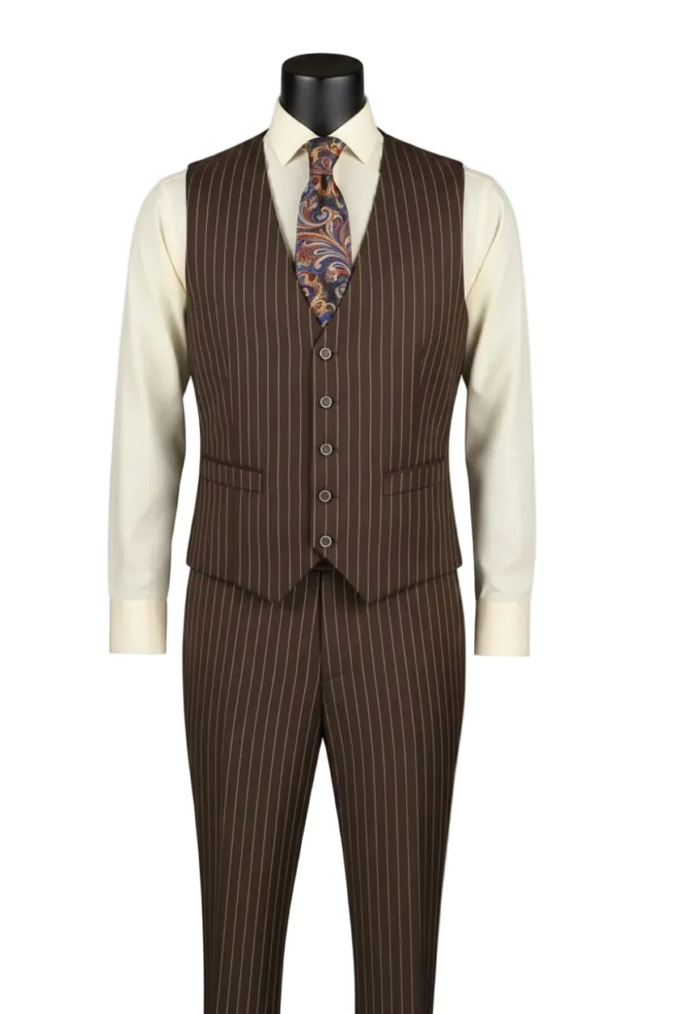 Odyssey Collection - Brown Regular Fit Bold Stripes 3-Piece Suit With Adjustable Waistband Pants