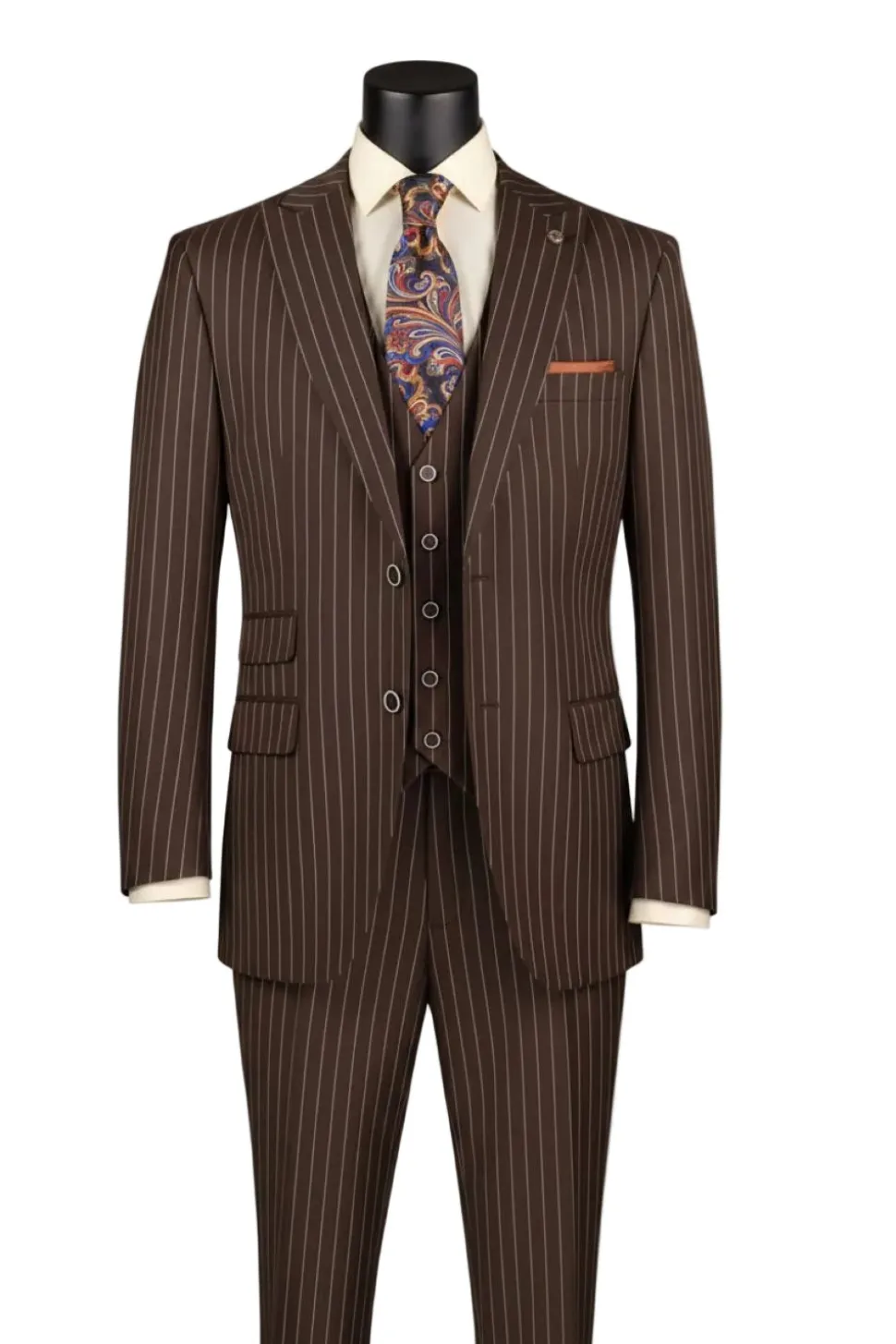 Odyssey Collection - Brown Regular Fit Bold Stripes 3-Piece Suit With Adjustable Waistband Pants