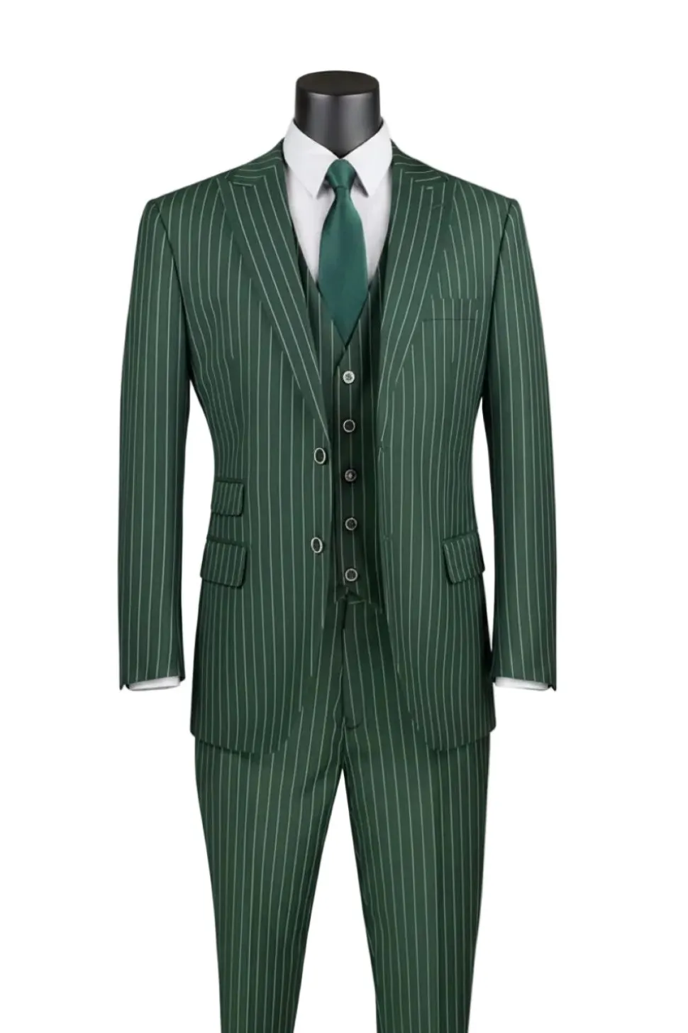 Odyssey Collection - Hunter Green Regular Fit Bold Stripes 3-Piece Suit With Adjustable Waistband Pants