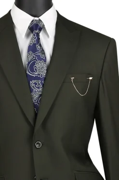 Olive Modern Fit 2 Piece Suit Textured Solid with Peak Lapel