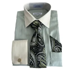 Olive Textured French Cuff Dress Shirt Set