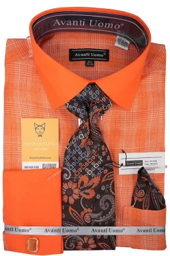 Orange Plaid French Cuff Dress Shirt Set with Cuff Links, Tie and Pocket Square