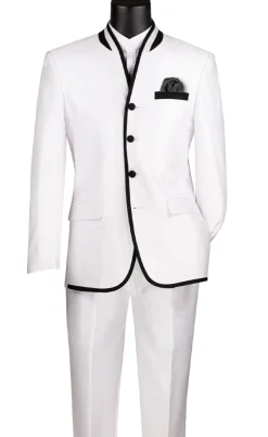 Oriental Collection - Banded Collar Slim Fit Suit Shiny Sharkskin 2 Piece White
